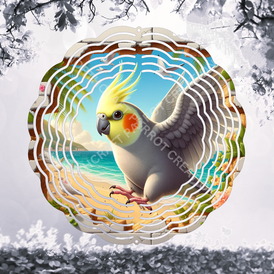 Cockatiel Hole in Wall Beach Scene 8" or 10" Wind Spinner