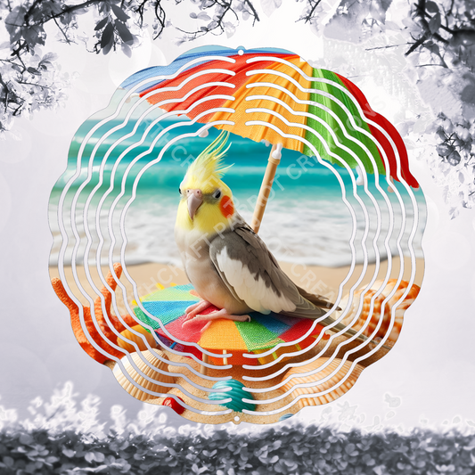 Cockatiel on Beach with Umbrella 8" or 10" Wind Spinner