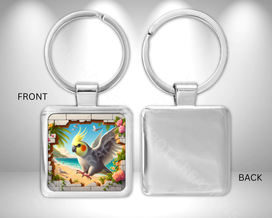 Cockatiel Flying Through Hole in Wall Square Metal Keychain
