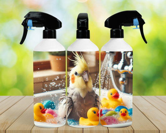 Cockatiel in Bubble bath with Rubber Ducks 16oz Misting Spray Bottle