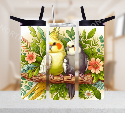 Cockatiel Pair with Leaves and Flowers 20oz or 30oz Tumbler