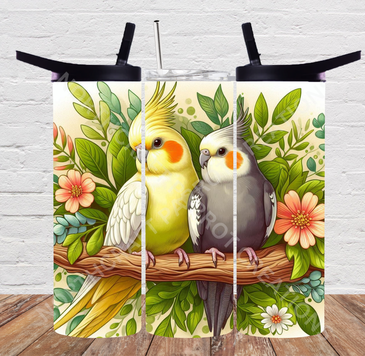 Cockatiel Pair with Leaves and Flowers 20oz or 30oz Tumbler