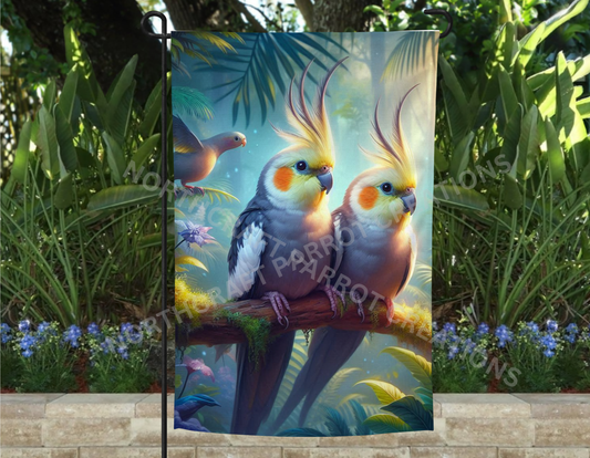 Cockatiel Pair in a Fantasy Theme Garden Flag
