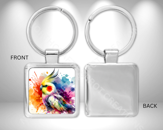 Cockatiel with Paint Splatter Background Square Metal Keychain