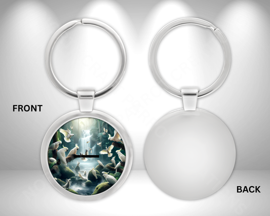 Cockatoo Flock with Waterfall Circle Metal Keychain