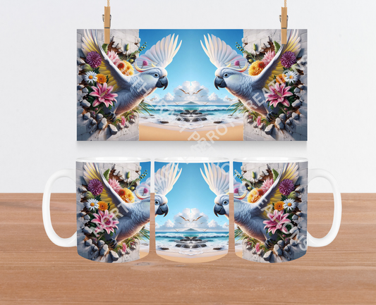 Cockatoo Hole in Wall with Beach and Flowers 15oz Ceramic Mug