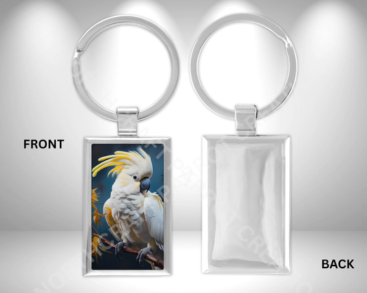 Cockatoo on Blue Background Rectangle Metal Keychain