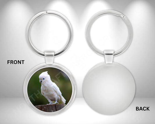 Cockatoo on Wood Stump Circle Metal Keychain