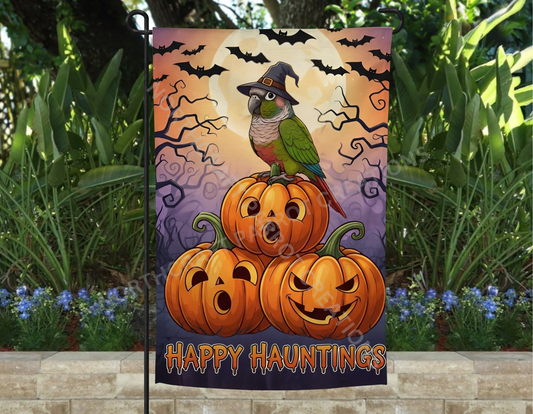 Conure Pumpkin & Bats "Happy Haunting" Halloween Garden Flag