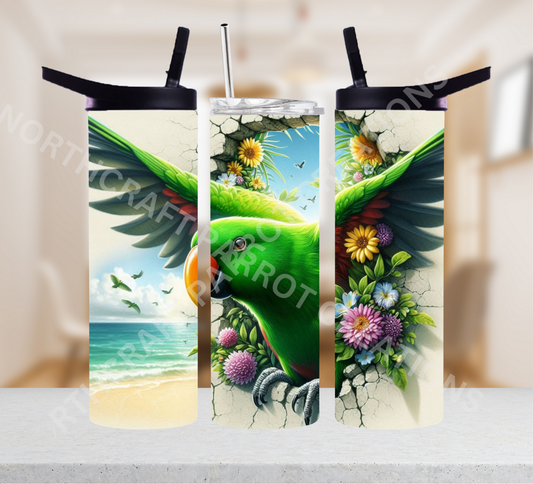 Eclectus (Green Male) Hole in Wall Beach Scene 20oz or 30oz Tumbler
