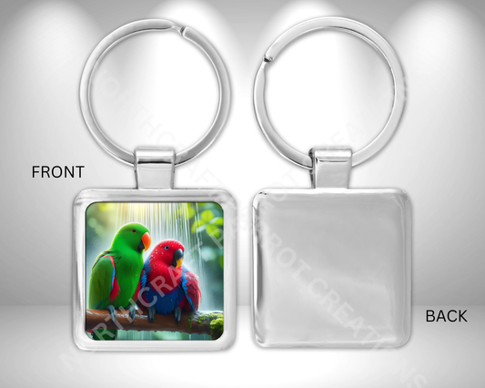 Eclectus Pair (Male & Female) in Rain Square Metal Keychain