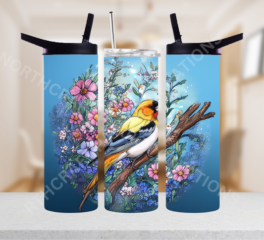 Finch in Floral with Blue Background 20oz or 30oz Tumbler