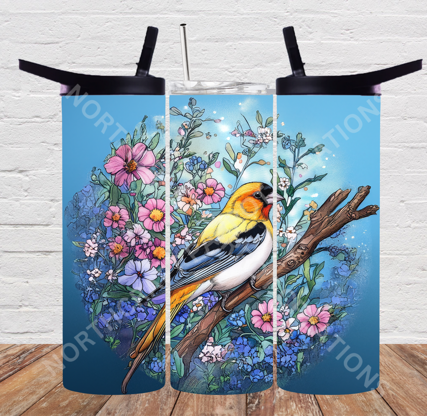 Finch in Floral with Blue Background 20oz or 30oz Tumbler