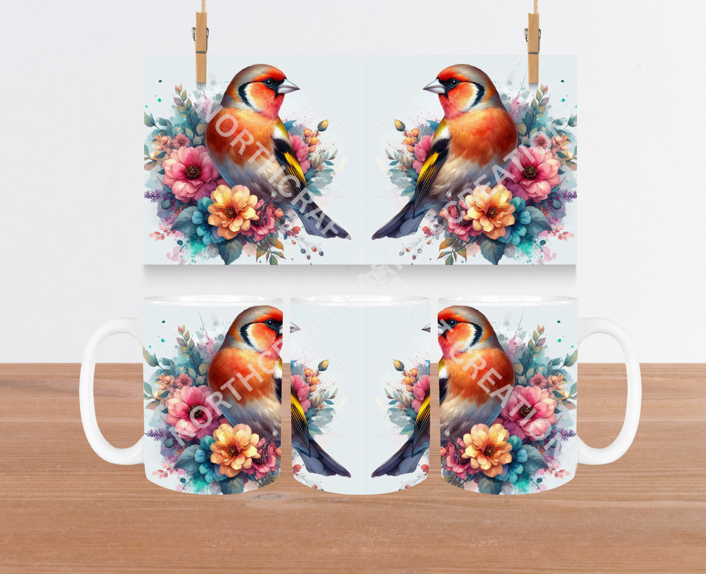 Finch in a Watercolor Style with Flowers 15oz Ceramic Mug