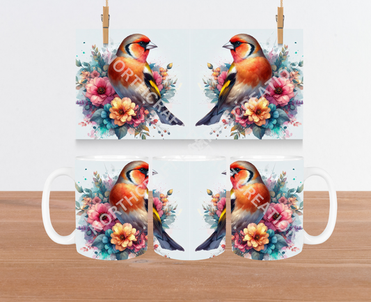 Finch in a Watercolor Style with Flowers 15oz Ceramic Mug