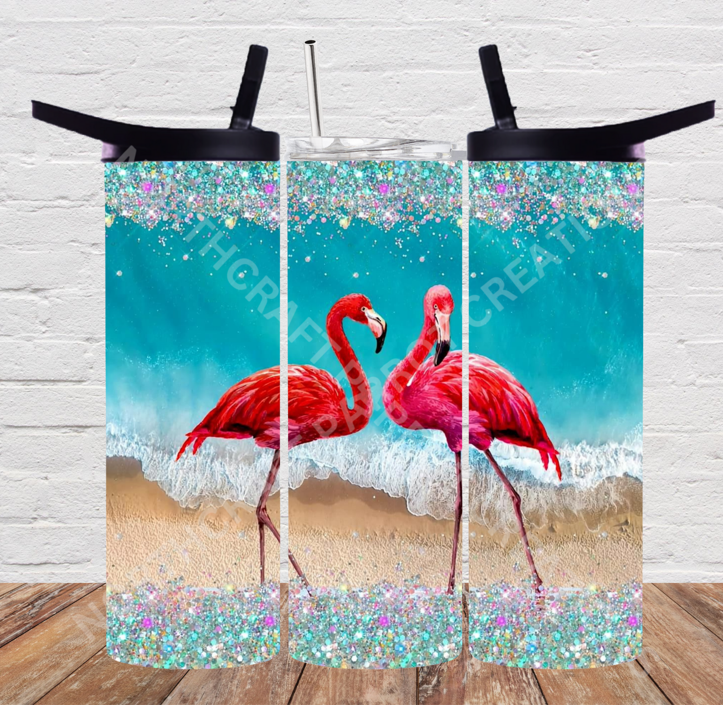 Flamingo Pair on Shimmer Effect Beach 20oz or 30oz Tumbler