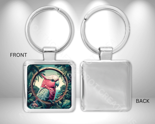 Galah Cockatoo (Rose-Breasted) in Rainforest Square Metal Keychain