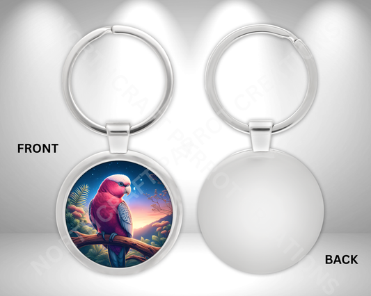 Galah Cockatoo (Rose-Breasted) on Branch with Colorful Sky Circle Metal Keychain