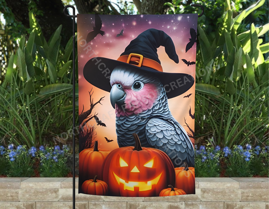 Galah (Rose-Breasted) Cockatoo with Witch Hat Halloween Gardn Flag