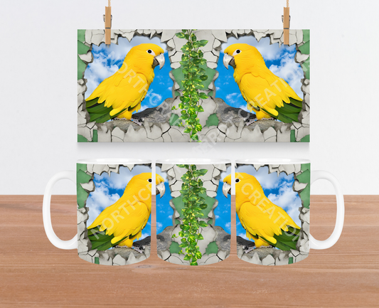 Golden Conure in a Green & Grey Stone Frame 15oz Ceramic Mug