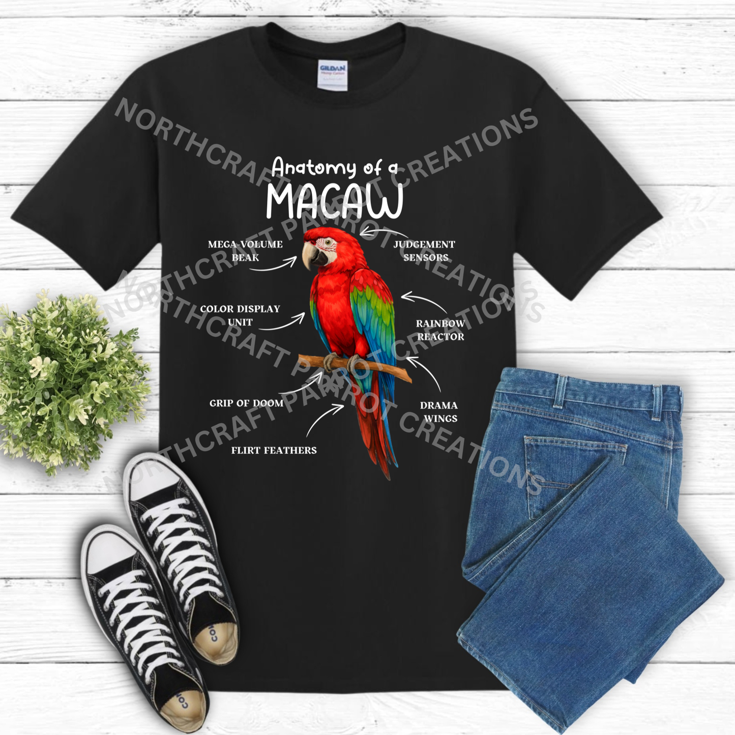 Green-winged Macaw (Greenwing) "Anatomy of a Macaw" Descriptive Labels 100% Cotton Parrot Shirt