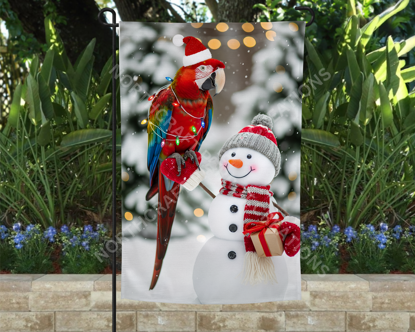 Green-winged (Greenwing) Macaw Snowman Winter Christmas Garden Flag