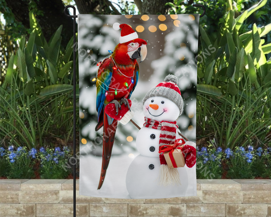 Green-winged (Greenwing) Macaw Snowman Winter Christmas Garden Flag