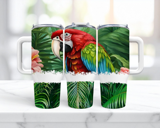 Green-winged Macaw (Greenwing) Head Shot with Ferns 40oz Tumbler