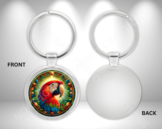 Green-winged Macaw (Greenwing) in Rainforest Circle Metal Keychain