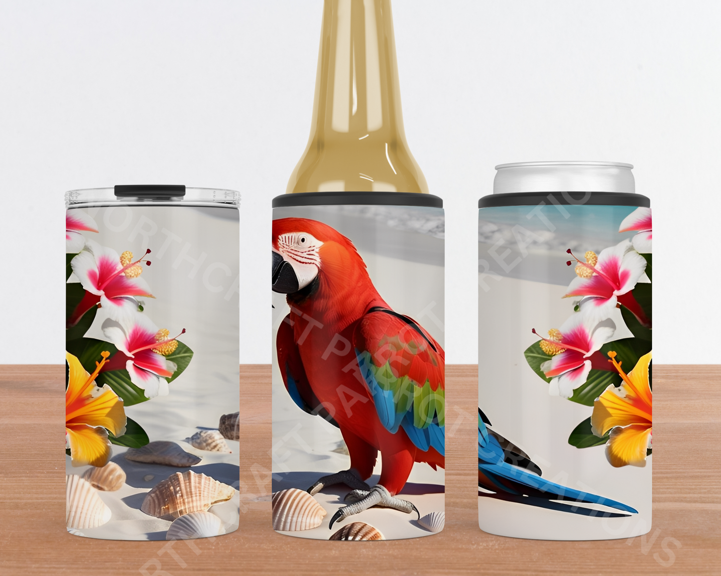 Green-winged Macaw (Greenwing) on Beach with Flowers 4-in-1 Stainless Steel Can Cooler