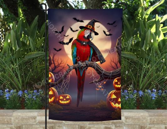 Green-Winged Macaw Full Moon Halloween Garden Flag