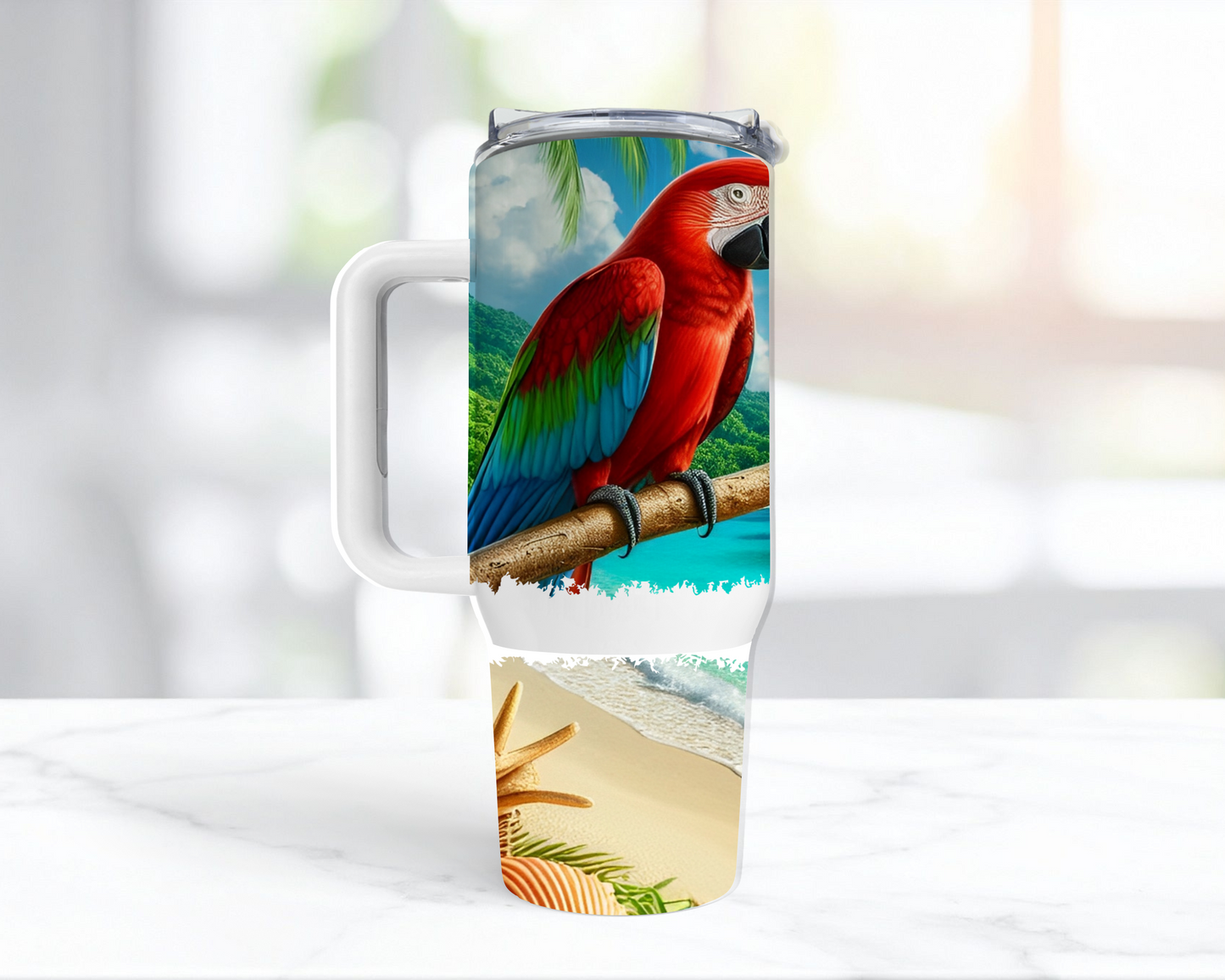 Green-winged Macaw (Greenwing) on Beach 40oz Tumbler