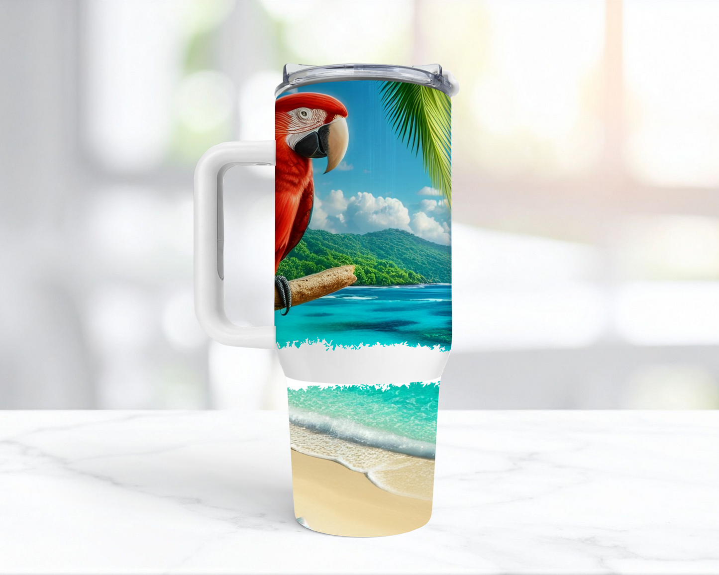 Green-winged Macaw (Greenwing) on Beach 40oz Tumbler