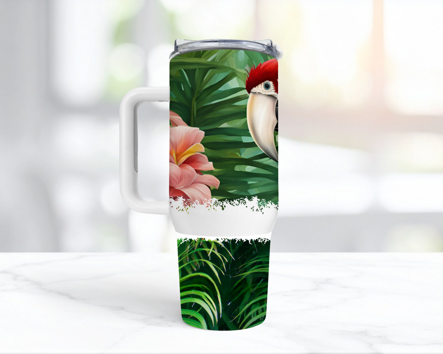Green-winged Macaw (Greenwing) Head Shot with Ferns 40oz Tumbler