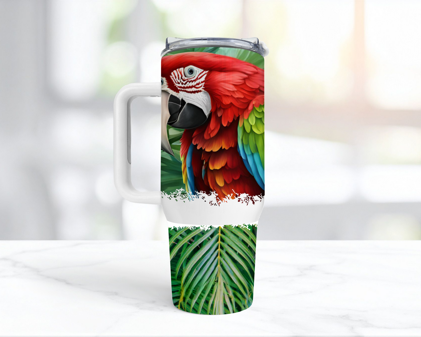 Green-winged Macaw (Greenwing) Head Shot with Ferns 40oz Tumbler
