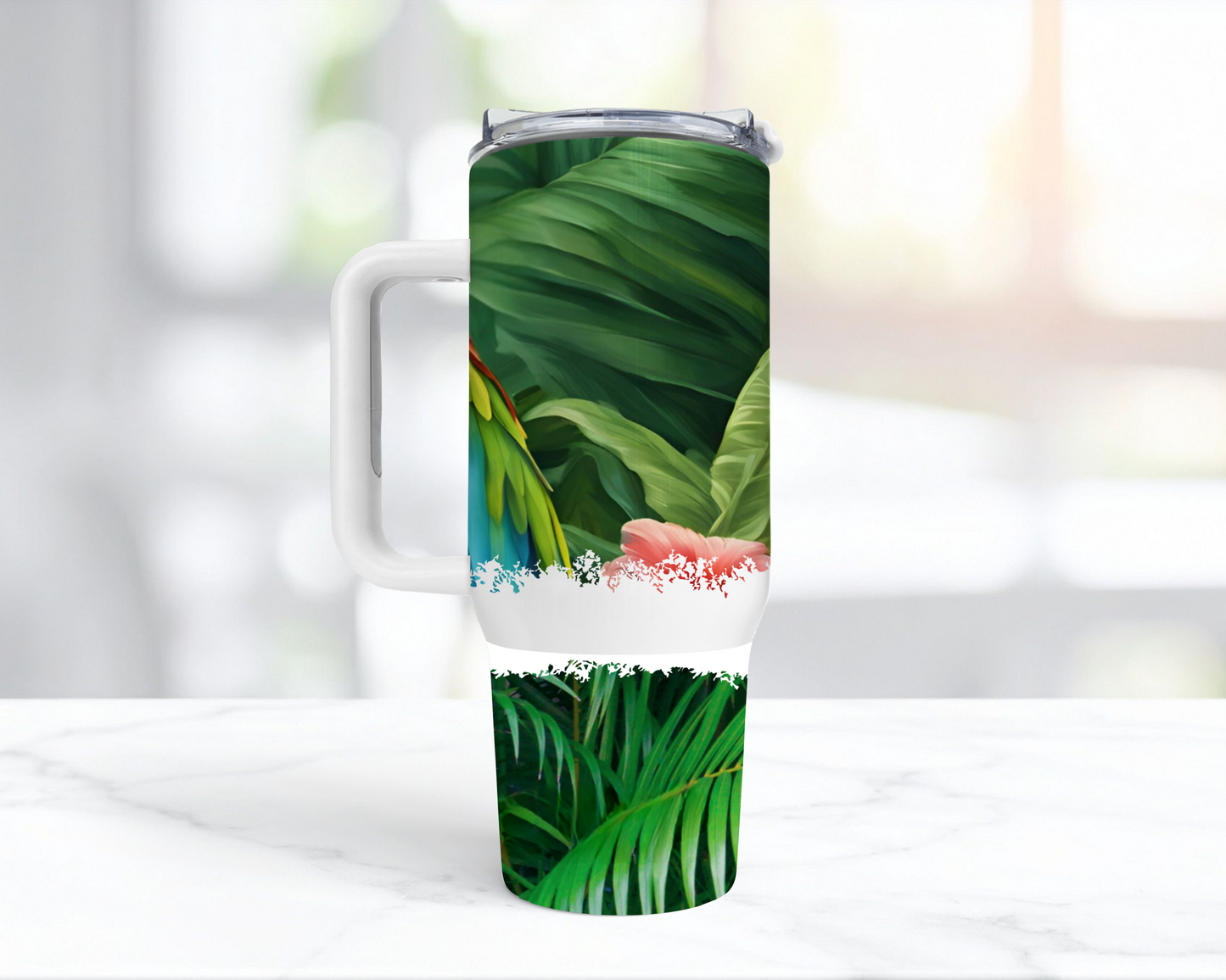 Green-winged Macaw (Greenwing) Head Shot with Ferns 40oz Tumbler