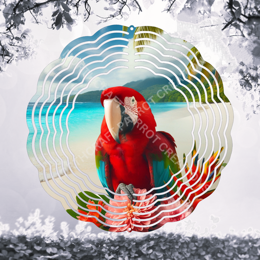 Green-winged Macaw (Greenwing) on a Beach with Tropical Flowers 8" or 10" Wind Spinner