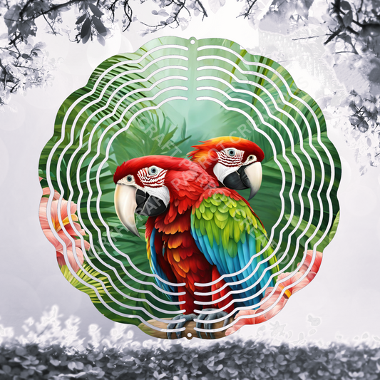 Green-winged Macaw (Greenwing) Pair in Ferns 8" or 10" Wind Spinner