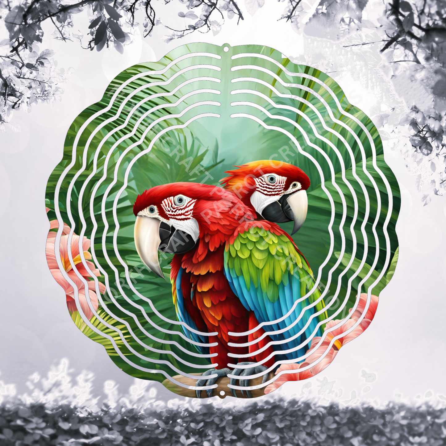 Green-winged Macaw (Greenwing) Pair in Ferns 8" or 10" Wind Spinner