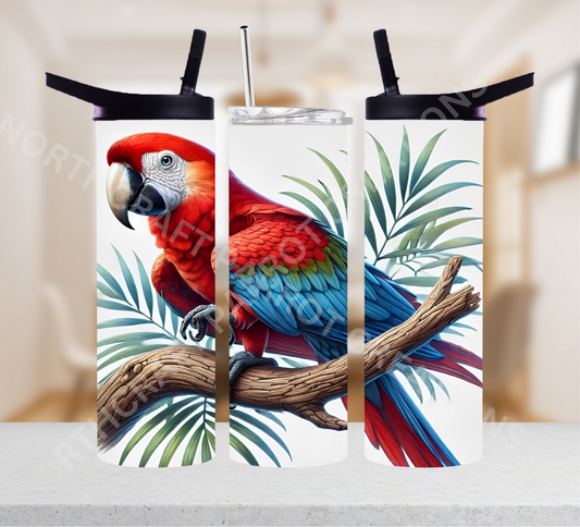Green-winged Macaw (Greenwing) with Ferns on White Background 20oz or 30oz Tumbler