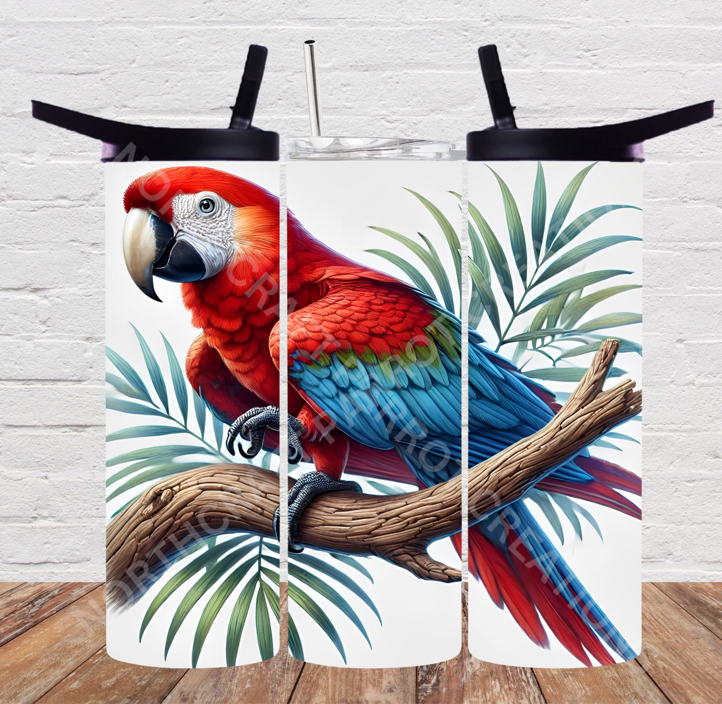 Green-winged Macaw (Greenwing) with Ferns on White Background 20oz or 30oz Tumbler