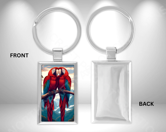 Green-winged Macaw (Greenwing) on Branch Against Sky Rectangle Metal Keychain