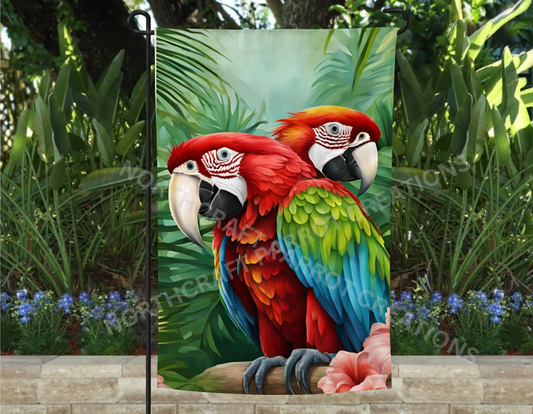 Green-Winged Macaw (Greenwing) Pair with Ferns Garden Flag