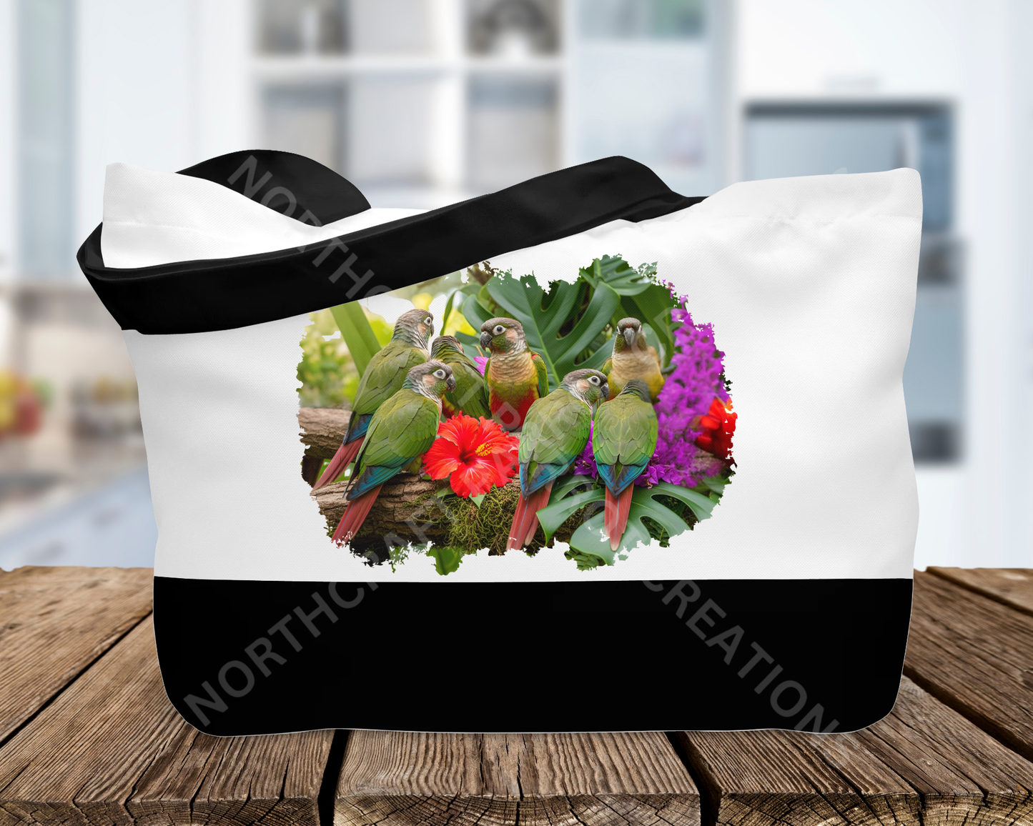 Green Cheek Conure Flock with Flowers Canvas Tote Bag