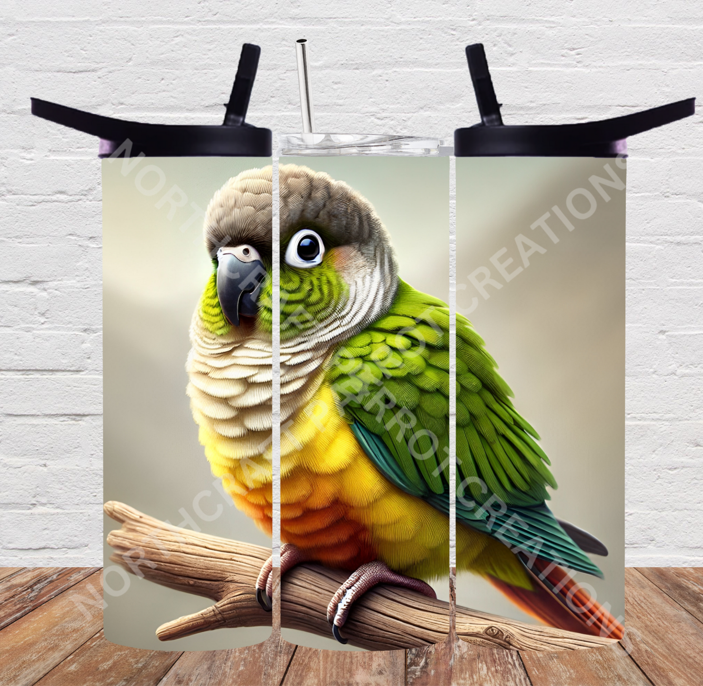 Green Cheek Conure on Branch Tan Background 20oz or 30oz Tumbler