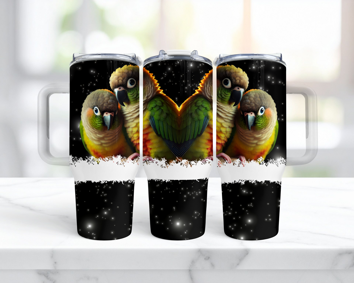 Green Cheek Conures Black Star Background 40oz Tumbler