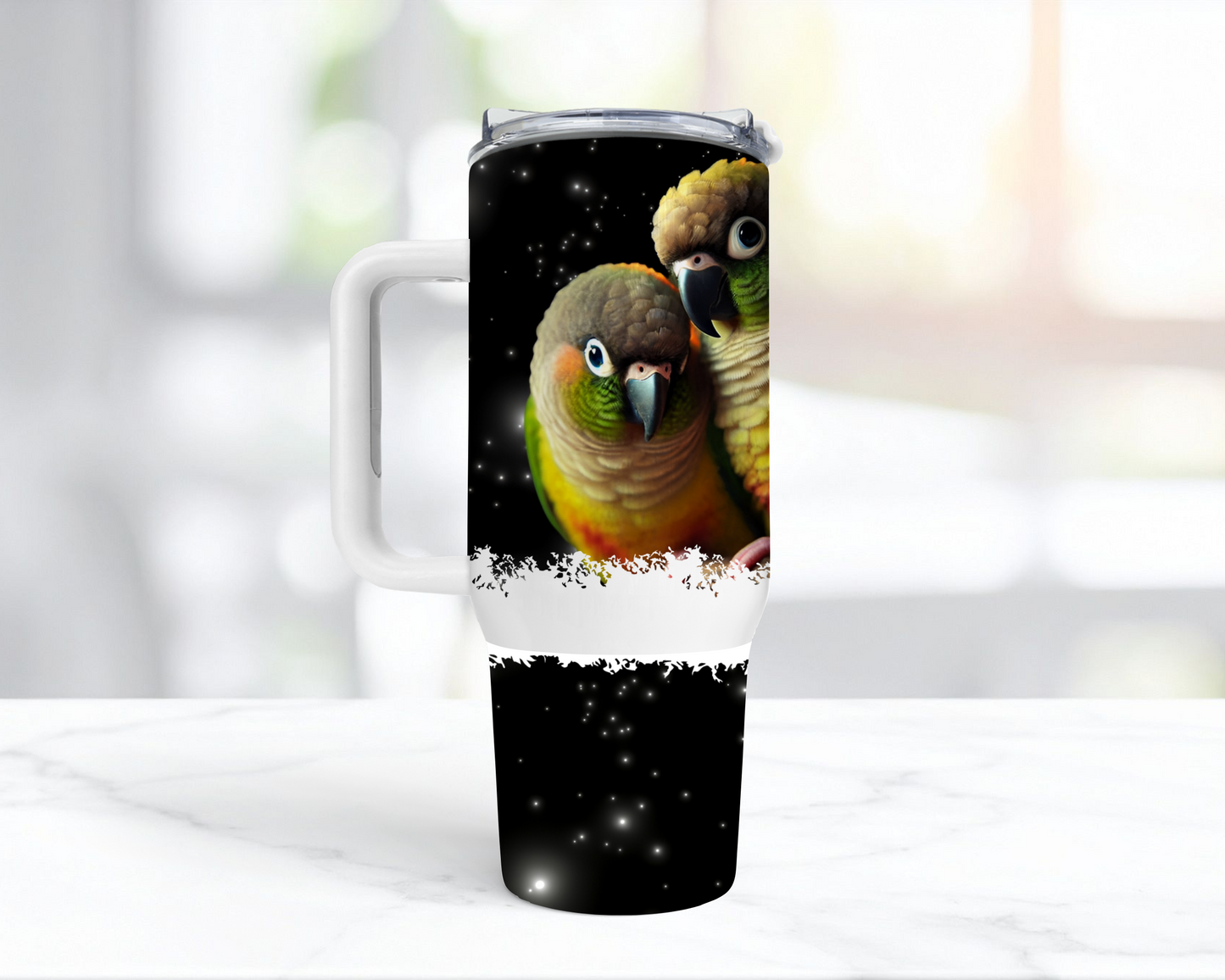 Green Cheek Conures Black Star Background 40oz Tumbler