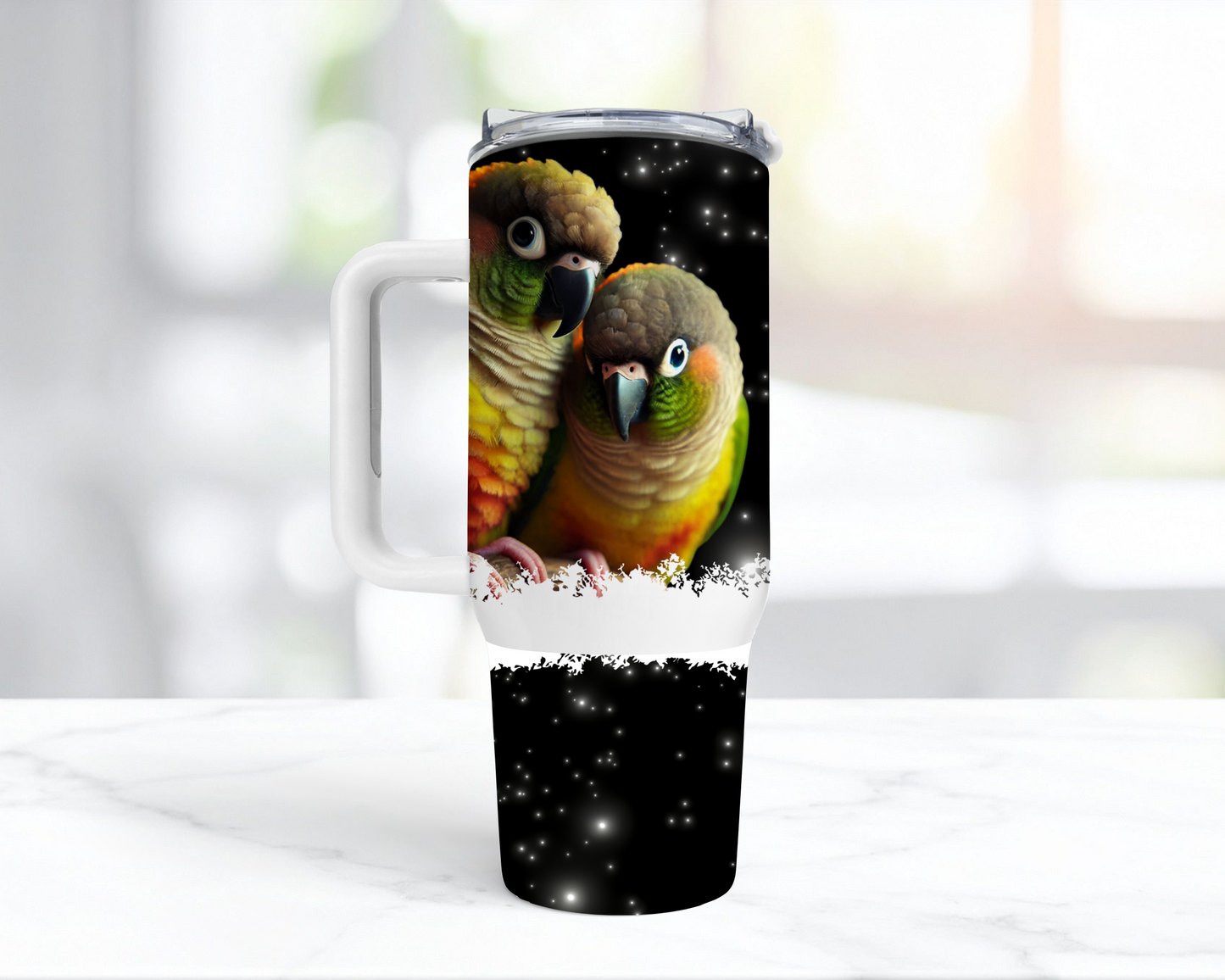 Green Cheek Conures Black Star Background 40oz Tumbler