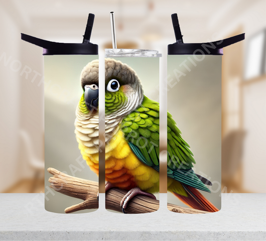 Green Cheek Conure on Branch Tan Background 20oz or 30oz Tumbler