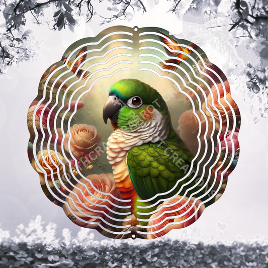 Green Cheek Conure in Flowers 8" or 10" Wind Spinner